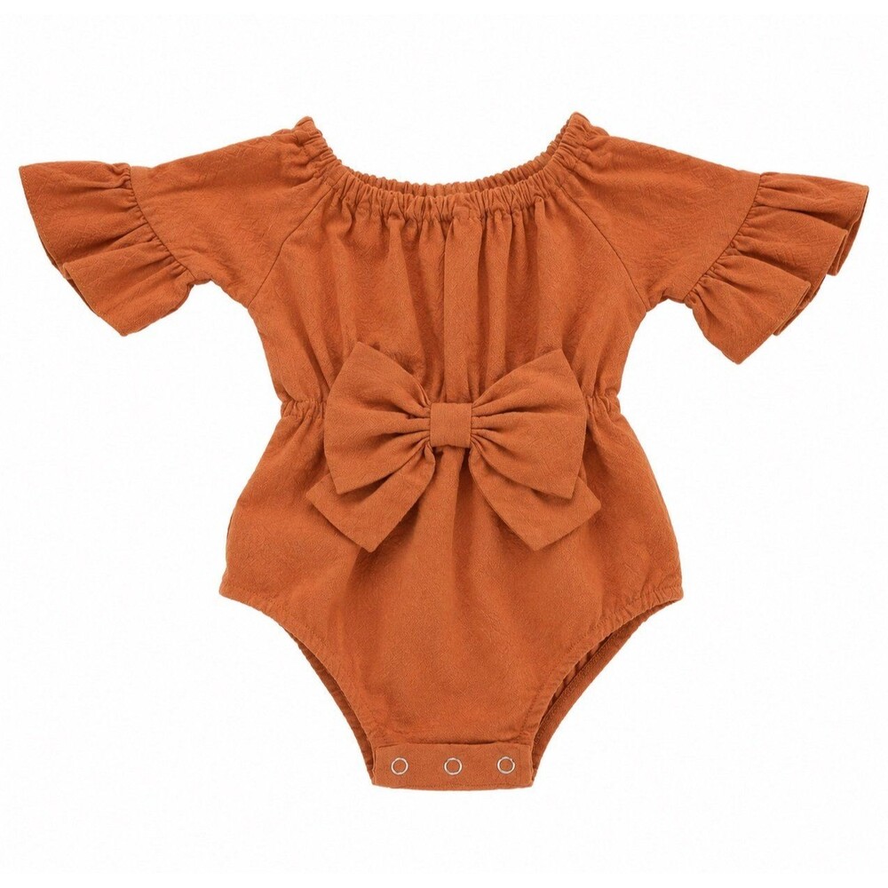 Boutique Baby Girls Rust Boho Bow Romper – Approx. 6–9M